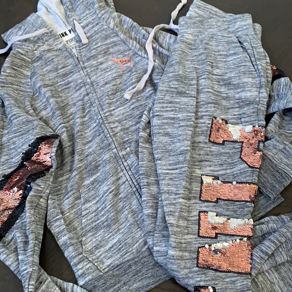 PINK Victorias Secret Sequin Grey Set xs joggers hoodie